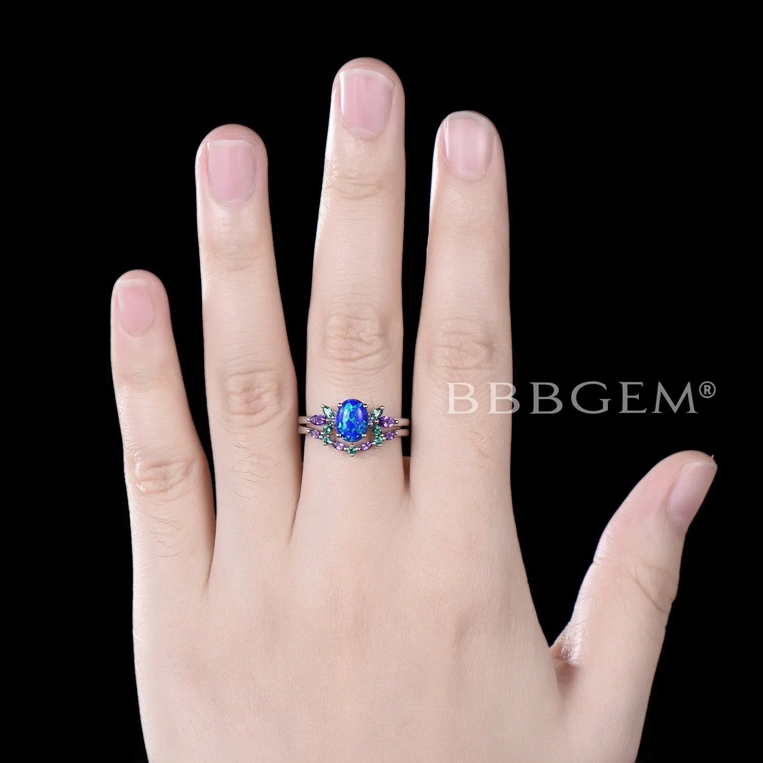 Unique 1.5ct Oval Cut Blue Opal Engagement Ring Set Sterling Silver Emerald Amethyst Wedding Ring Galaxy Blue Fire Opal Bridal Set Promise Gift