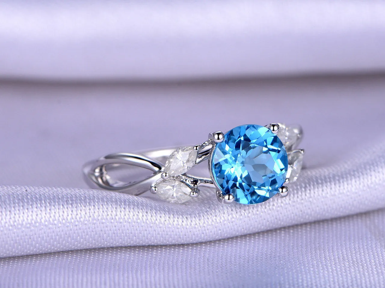 Unique 1.75 Carat Round Cut Blue Topaz Engagement Ring in White Gold