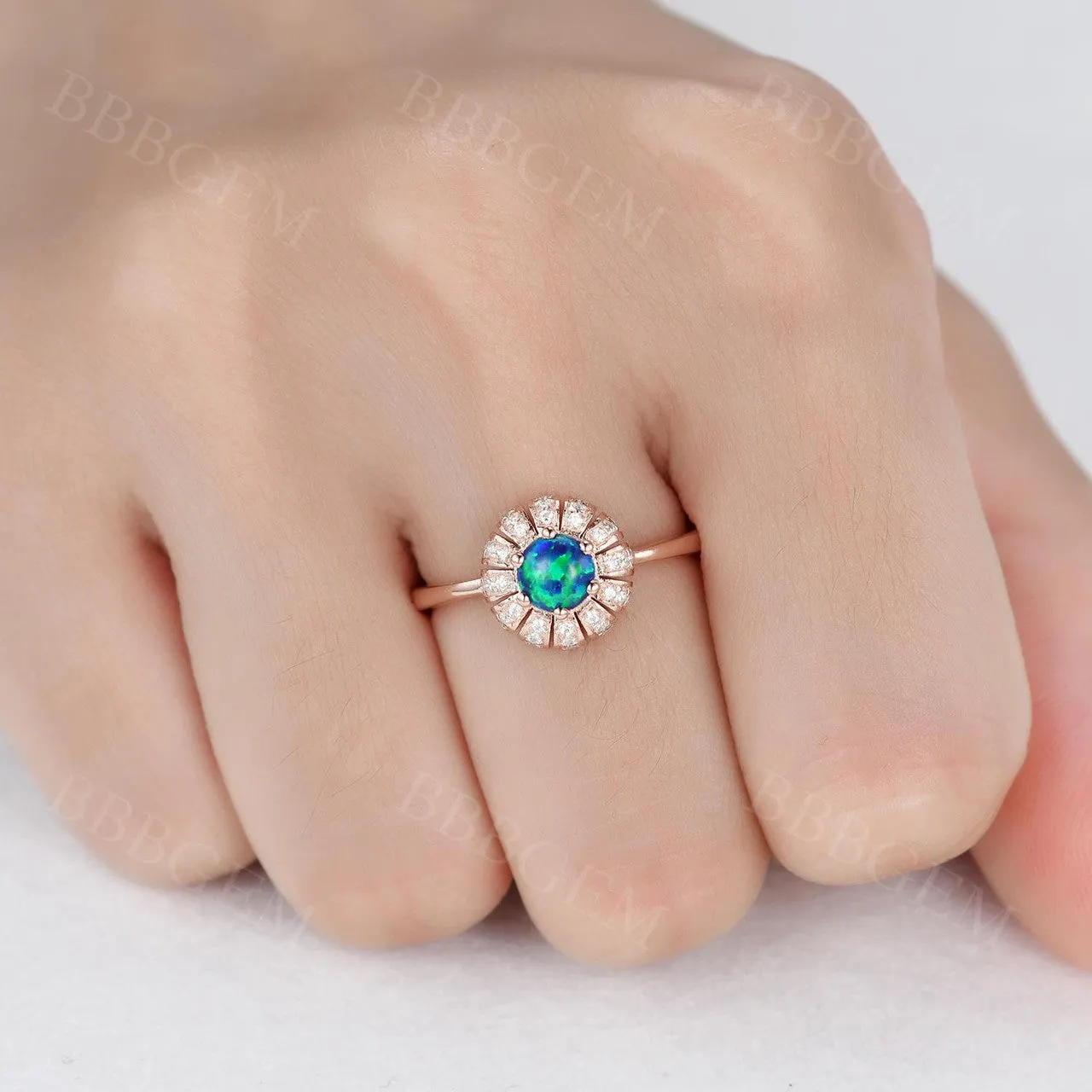 Unique Black Opal Diamond Engagement Ring Sun Flower 14K/18K Gold