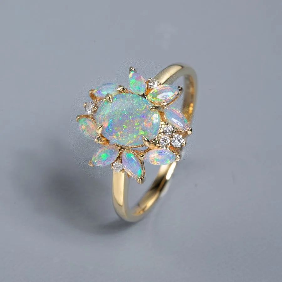 Unique Design Semi-Black Opal Diamond Engagement Ring 18K Yellow Gold