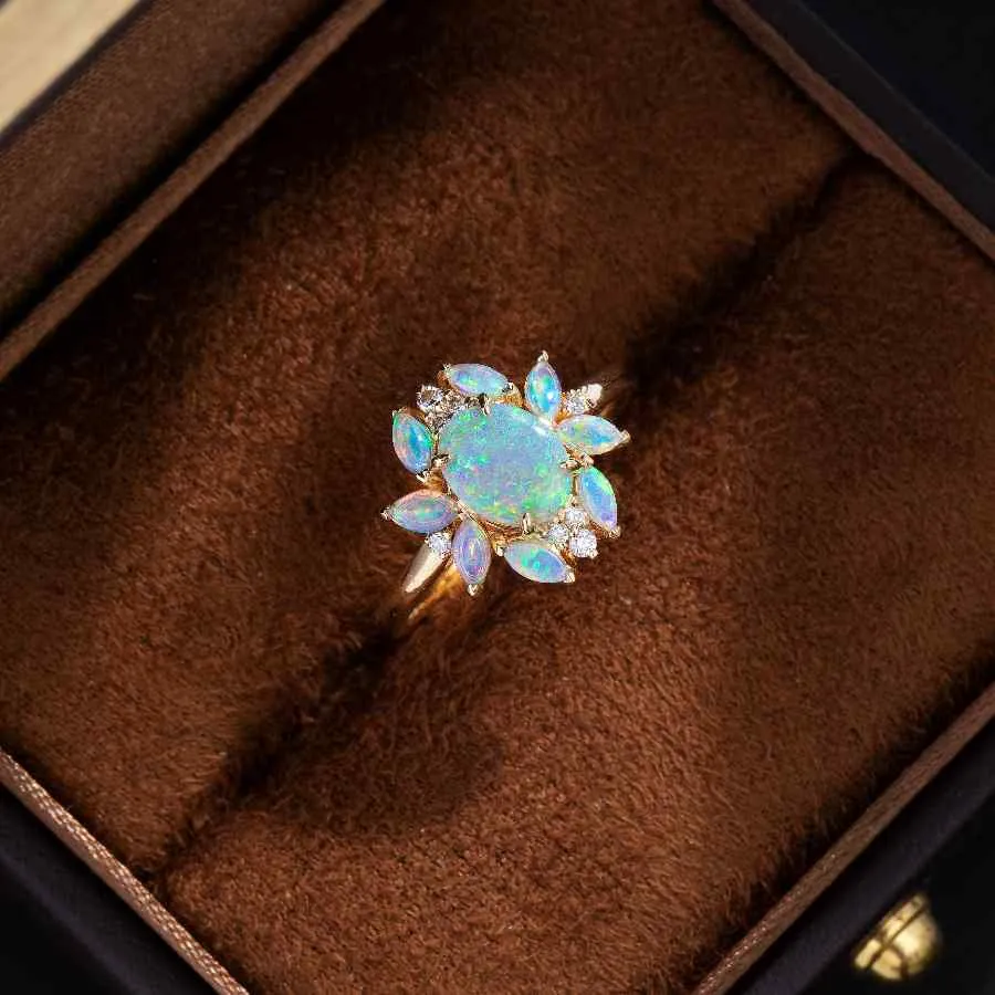 Unique Design Semi-Black Opal Diamond Engagement Ring 18K Yellow Gold