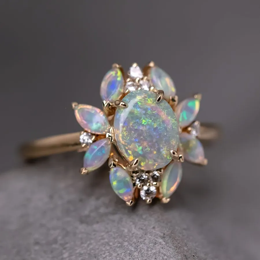 Unique Design Semi-Black Opal Diamond Engagement Ring 18K Yellow Gold