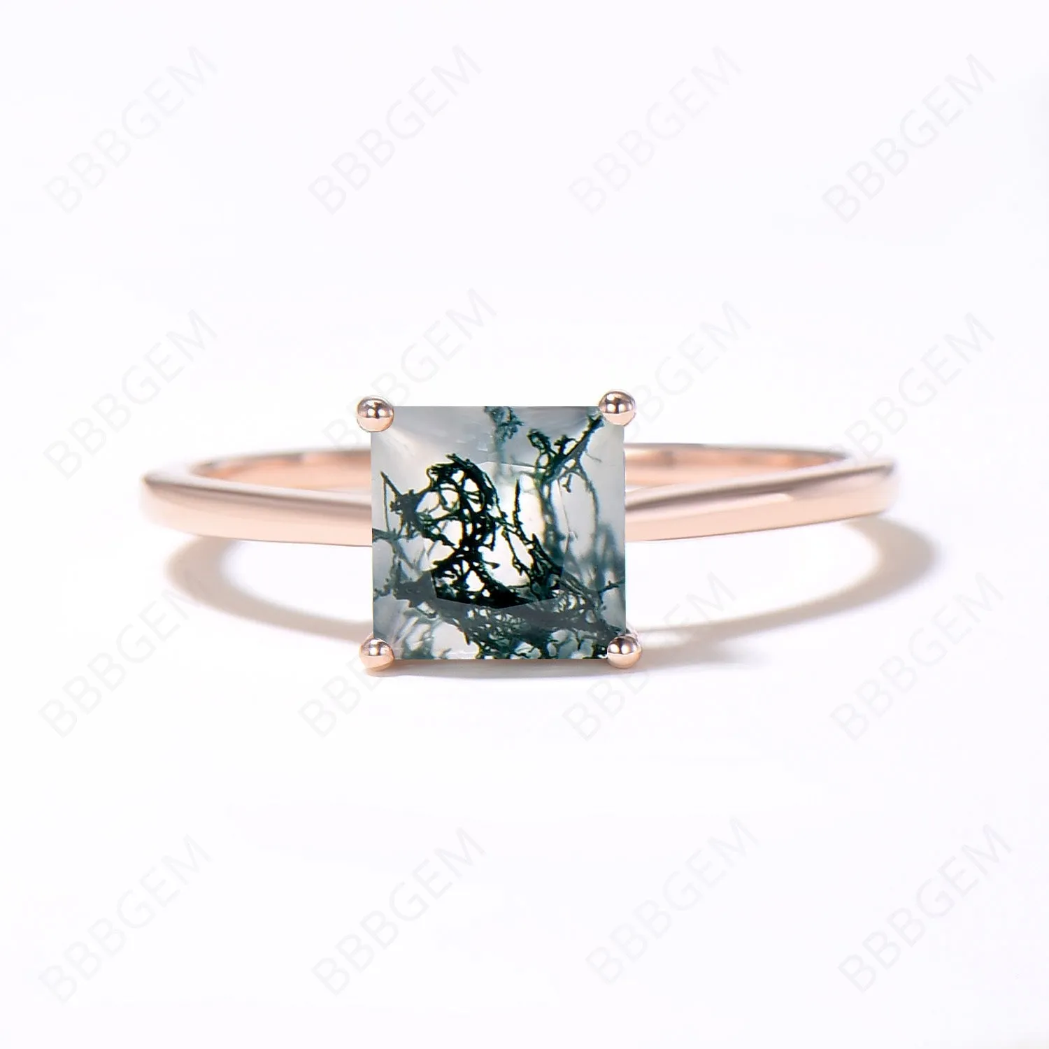 Unique Princess Cut Green Moss Agate Engagement Ring 4-Prong Solitaire Natural Aquatic Agate Ring Minimalist Bridal Ring