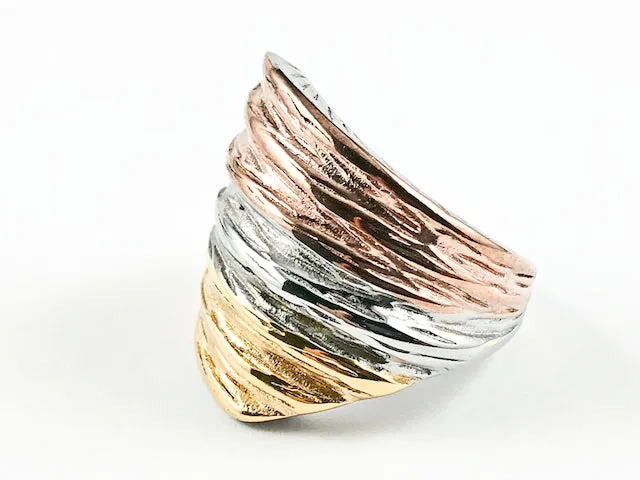 Unique Timber Textured Style Tri Tone Color Steel Ring