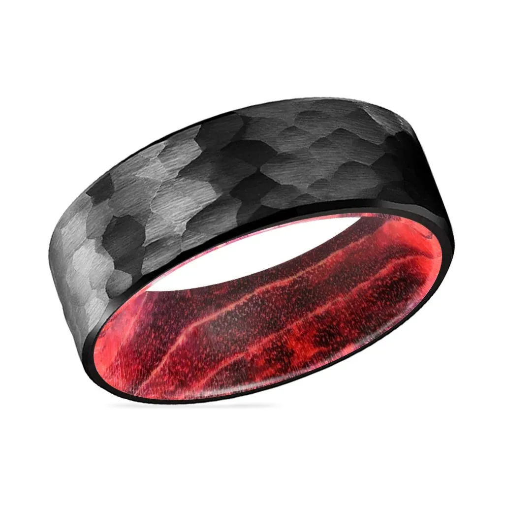 VIAN | Black & Red Wood, Black Tungsten Ring, Hammered, Flat