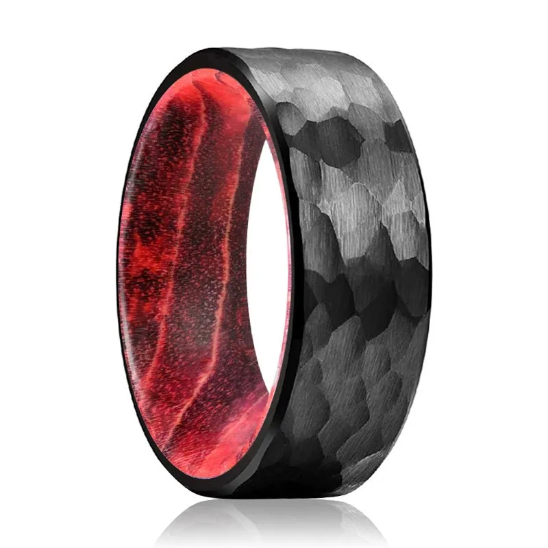 VIAN | Black & Red Wood, Black Tungsten Ring, Hammered, Flat