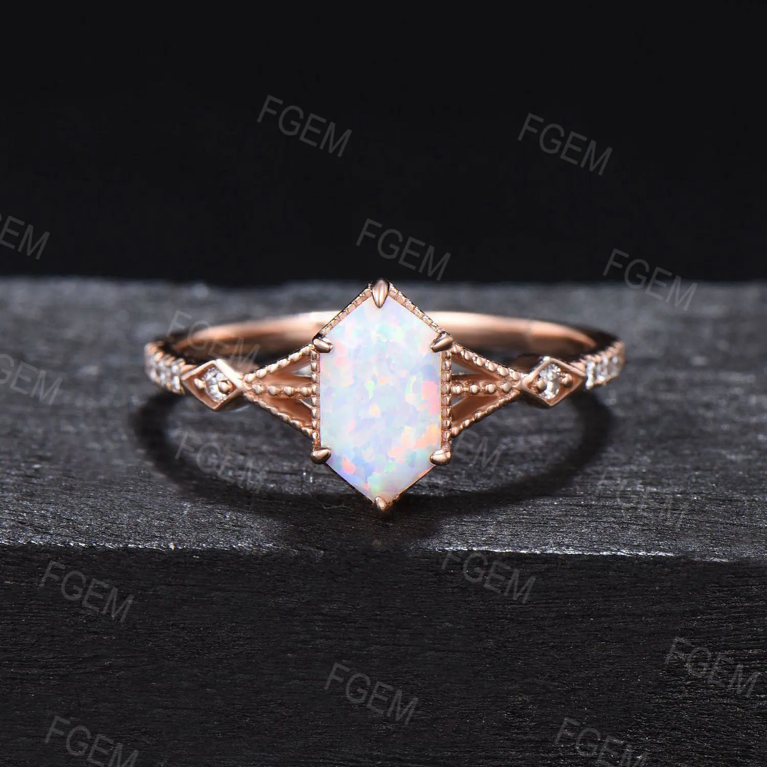 Vintage Long Hexagon White Opal Ring Set Half Eternity Milgrain Ring 3 Row Split Fire Opal Bridal Set Moon Leaf Moissanite Ring Promise Gift