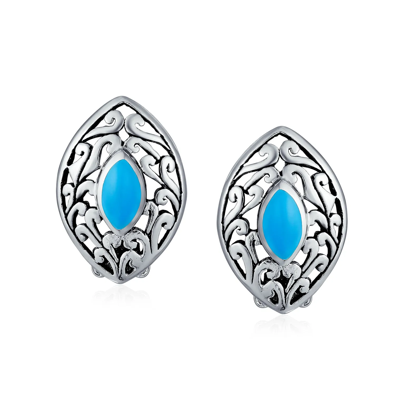 Western Filigree Marquise Blue Turquoise Clip-On Earrings Non-Pierced Sterling Silver