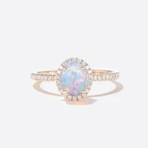 White Opal Engagement Ring Moissanite Diamond Halo Bridal Ring