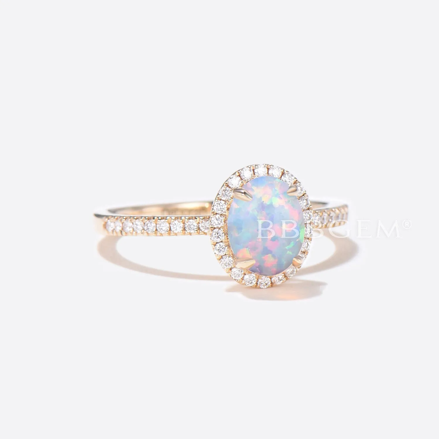 White Opal Engagement Ring Moissanite Diamond Halo Bridal Ring